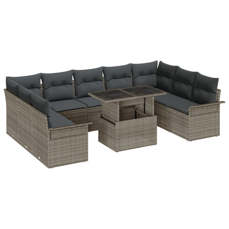10 Piece Garden Sofa Set with Cushions Grey Poly Rattan