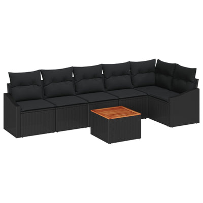 7 Piece Garden Sofa Set with Cushions Black Poly Rattan Acacia