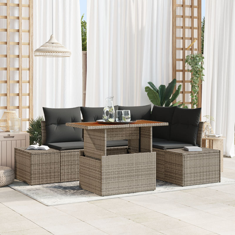 5 Piece Garden Sofa Set with Cushions Grey Poly Rattan