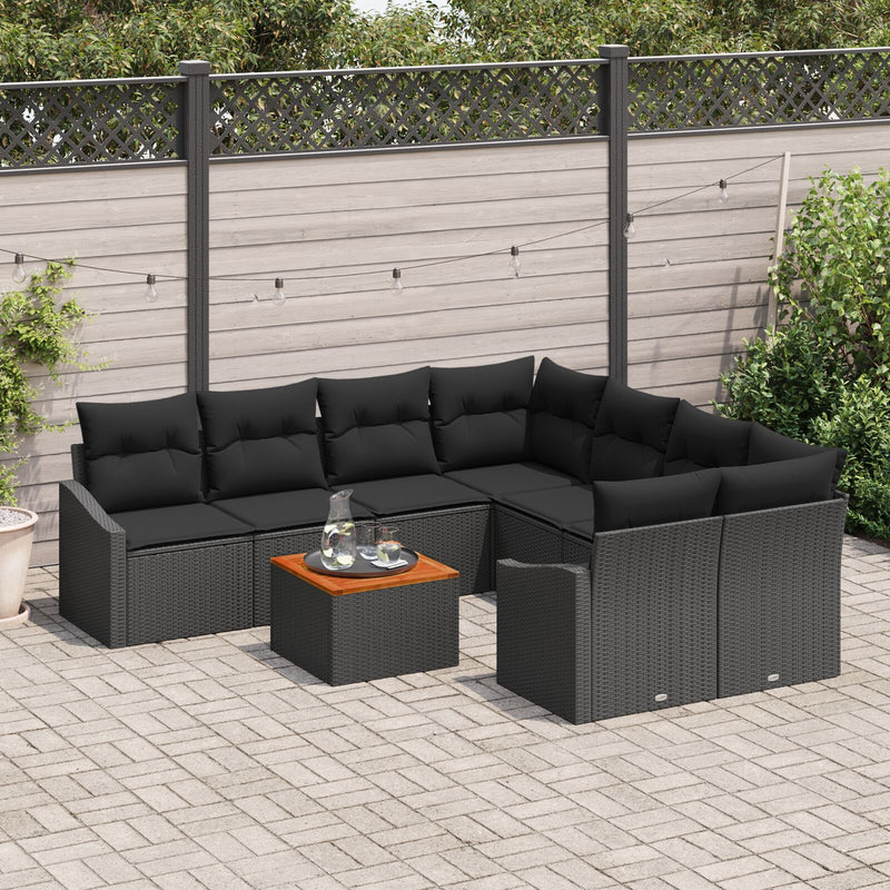 9 Piece Garden Sofa Set with Cushions Black Poly Rattan Acacia