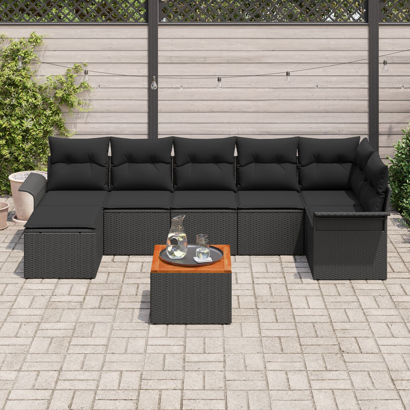 8 Piece Garden Sofa Set with Cushions Black Poly Rattan Acacia