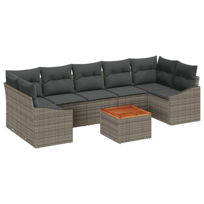 8 Piece Garden Sofa Set with Cushions Grey Poly Rattan Acacia