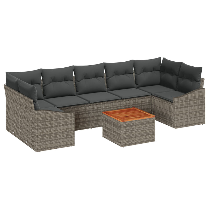 8 Piece Garden Sofa Set with Cushions Grey Poly Rattan Acacia