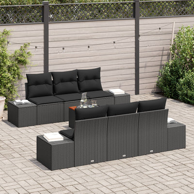 7 Piece Garden Sofa Set with Cushions Black Poly Rattan Acacia