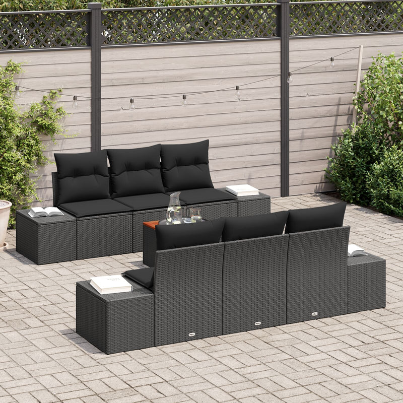7 Piece Garden Sofa Set with Cushions Black Poly Rattan Acacia