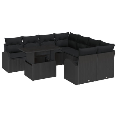 9 Piece Garden Sofa Set with Cushions Black Poly Rattan