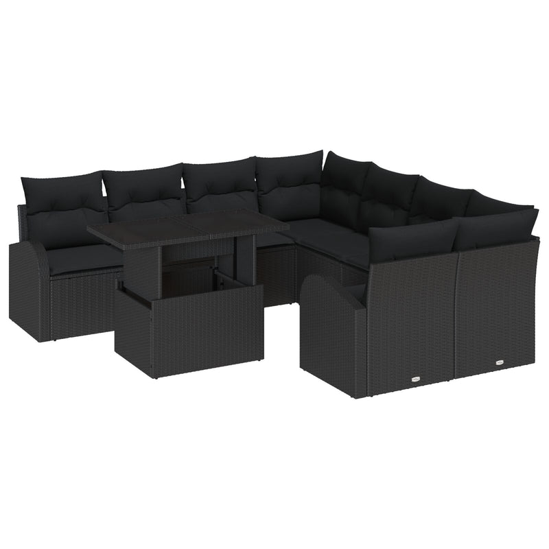 9 Piece Garden Sofa Set with Cushions Black Poly Rattan