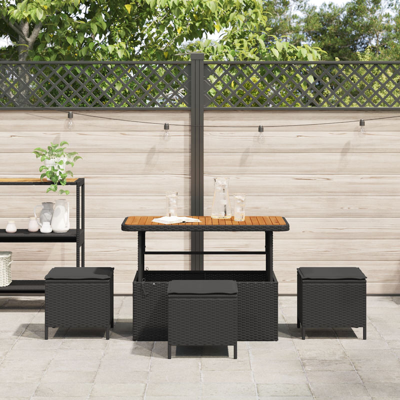4 Piece Garden Dining Set with Cushions Black Poly Rattan Acacia