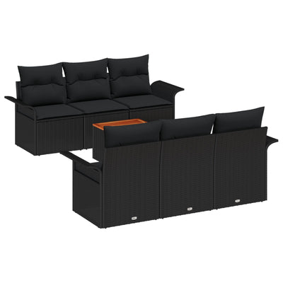 7 Piece Garden Sofa Set with Cushions Black Poly Rattan Acacia