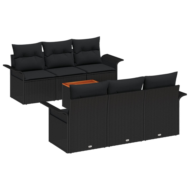 7 Piece Garden Sofa Set with Cushions Black Poly Rattan Acacia