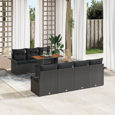 8 Piece Garden Sofa Set with Cushions Black Poly Rattan Acacia