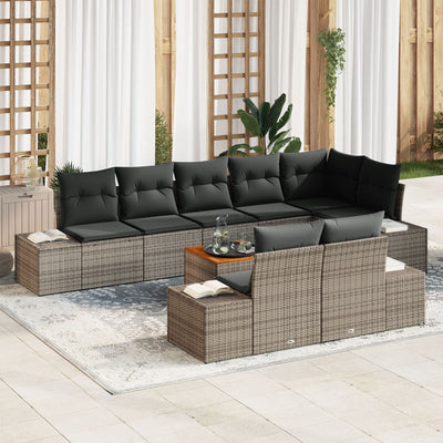 9 Piece Garden Sofa Set with Cushions Grey Poly Rattan Acacia