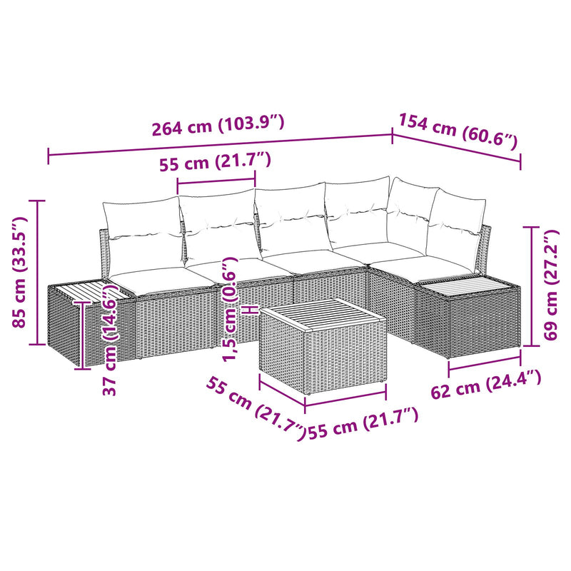 6 Piece Garden Sofa Set with Cushions Black Poly Rattan Acacia