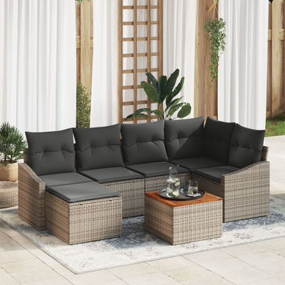 7 Piece Garden Sofa Set with Cushions Grey Poly Rattan Acacia