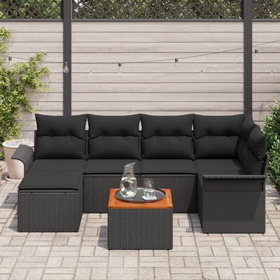 7 Piece Garden Sofa Set with Cushions Black Poly Rattan Acacia