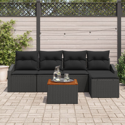 6 Piece Garden Sofa Set with Cushions Black Poly Rattan Acacia