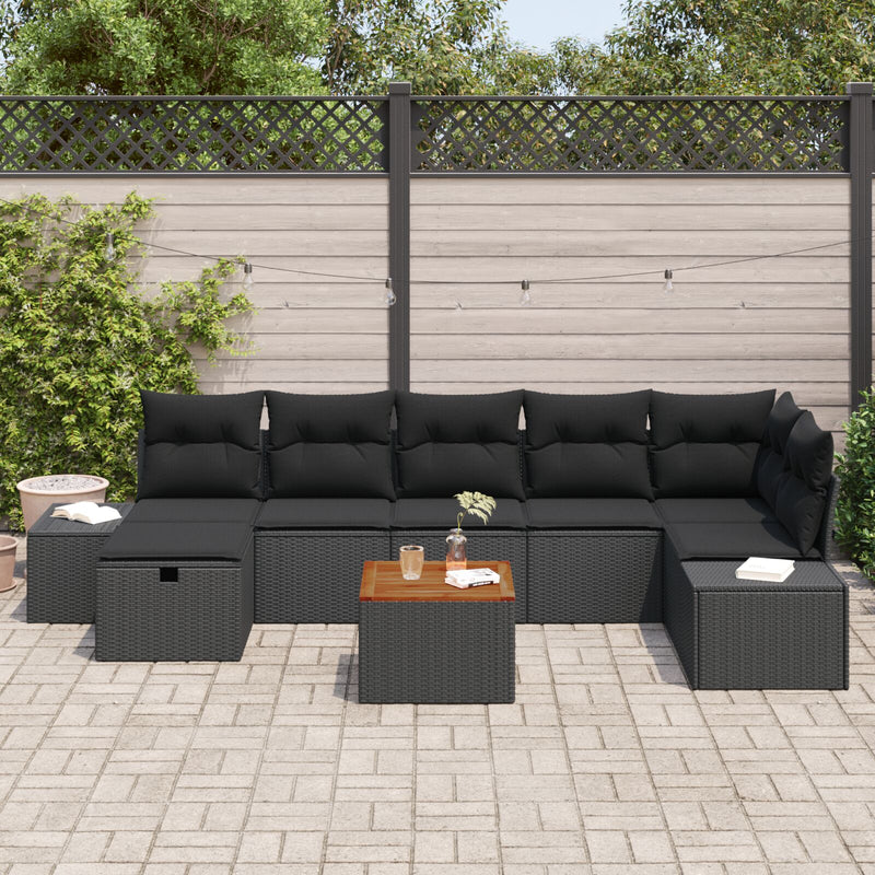 8 Piece Garden Sofa Set with Cushions Black Poly Rattan