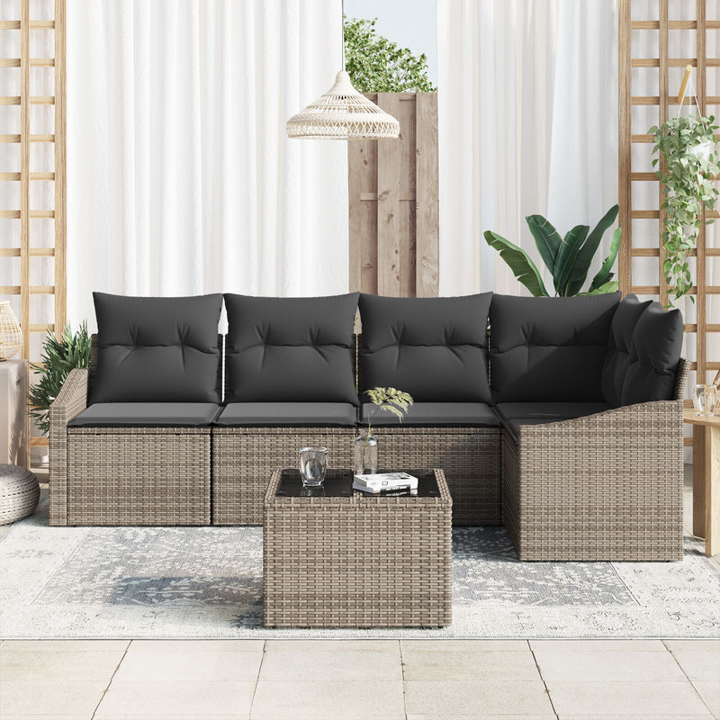 5 Piece Garden Sofa Set with Cushions Grey Poly Rattan
