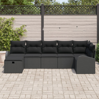 7 Piece Garden Sofa Set with Cushions Black Poly Rattan