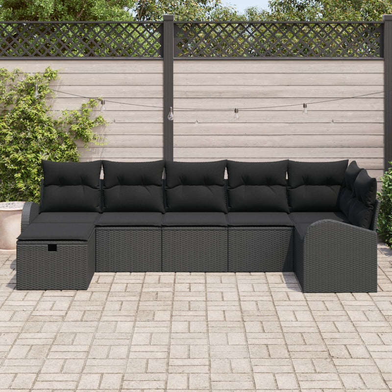 7 Piece Garden Sofa Set with Cushions Black Poly Rattan