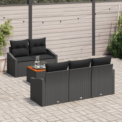 6 Piece Garden Sofa Set with Cushions Black Poly Rattan Acacia