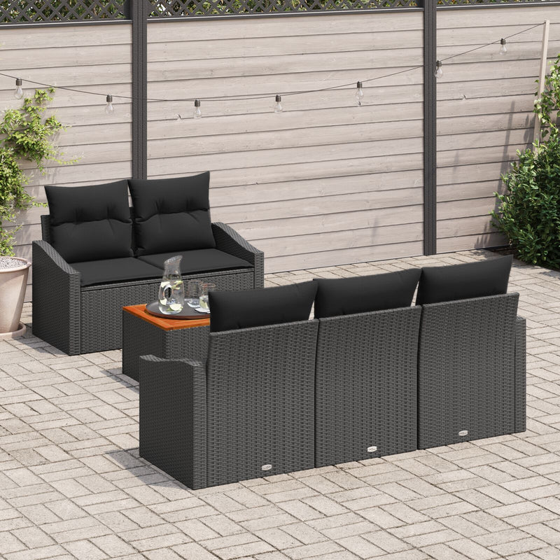 6 Piece Garden Sofa Set with Cushions Black Poly Rattan Acacia