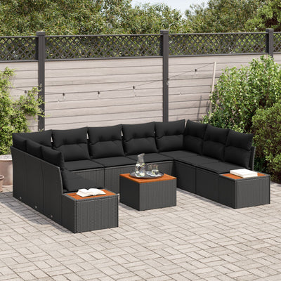 10 Piece Garden Sofa Set with Cushions Black Poly Rattan Acacia