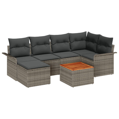 7 Piece Garden Sofa Set with Cushions Grey Poly Rattan Acacia