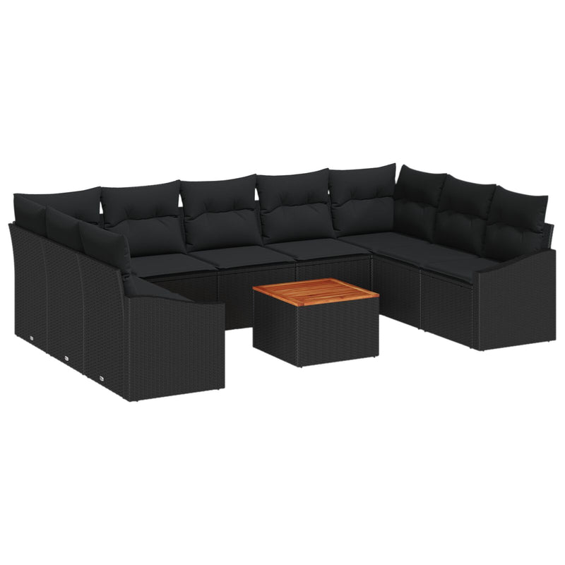 10 Piece Garden Sofa Set with Cushions Black Poly Rattan Acacia