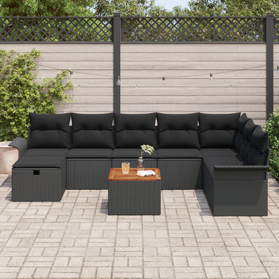 9 Piece Garden Sofa Set with Cushions Black Poly Rattan