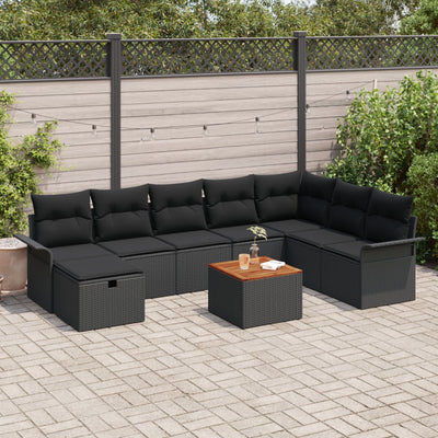 9 Piece Garden Sofa Set with Cushions Black Poly Rattan
