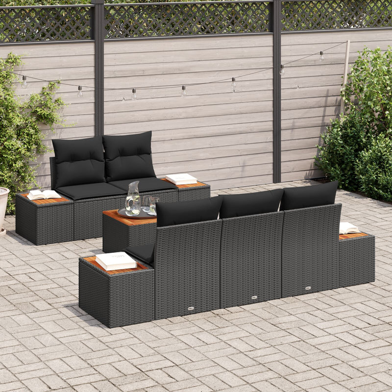 6 Piece Garden Sofa Set with Cushions Black Poly Rattan Acacia