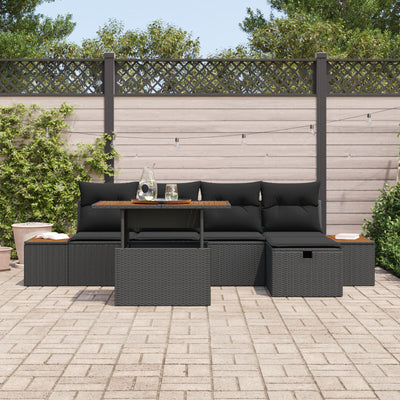 6 Piece Garden Sofa Set with Cushions Black Poly Rattan