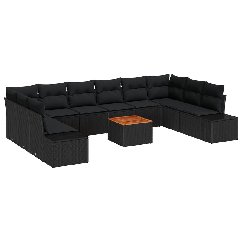 11 Piece Garden Sofa Set with Cushions Black Poly Rattan Acacia