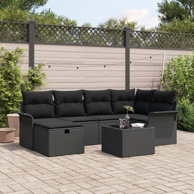 7 Piece Garden Sofa Set with Cushions Black Poly Rattan