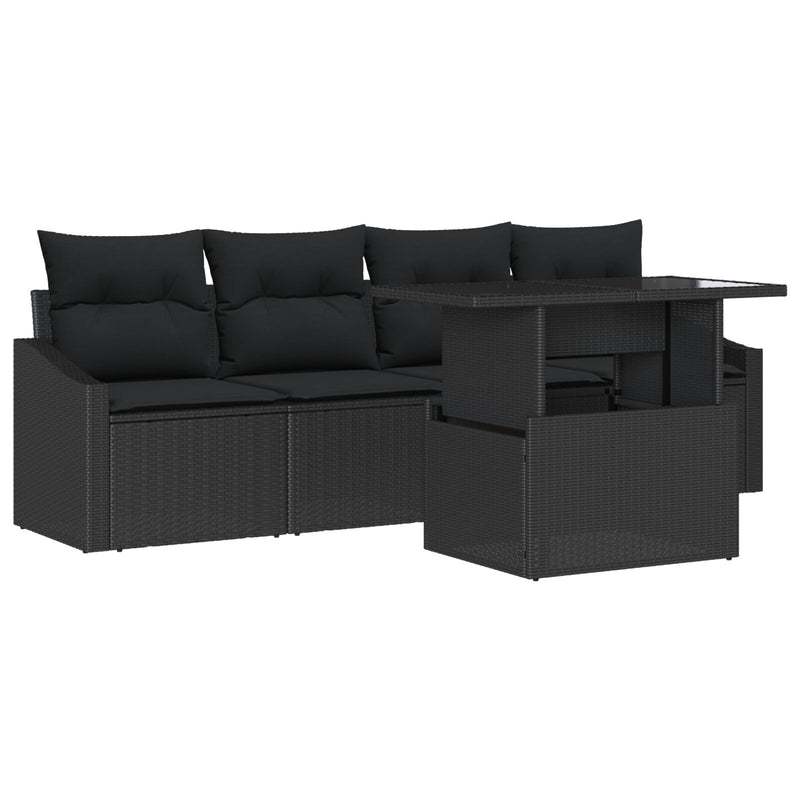 5 Piece Garden Sofa Set with Cushions Black Poly Rattan