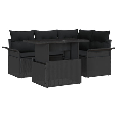 5 Piece Garden Sofa Set with Cushions Black Poly Rattan
