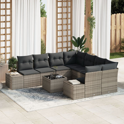 9 Piece Garden Sofa Set with Cushions Grey Poly Rattan