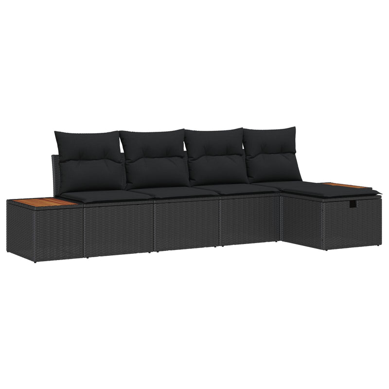 5 Piece Garden Sofa Set with Cushions Black Poly Rattan