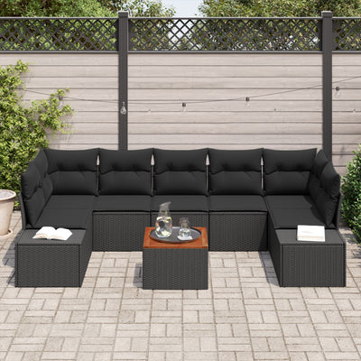 8 Piece Garden Sofa Set with Cushions Black Poly Rattan Acacia