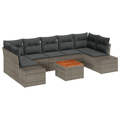 8 Piece Garden Sofa Set with Cushions Grey Poly Rattan Acacia