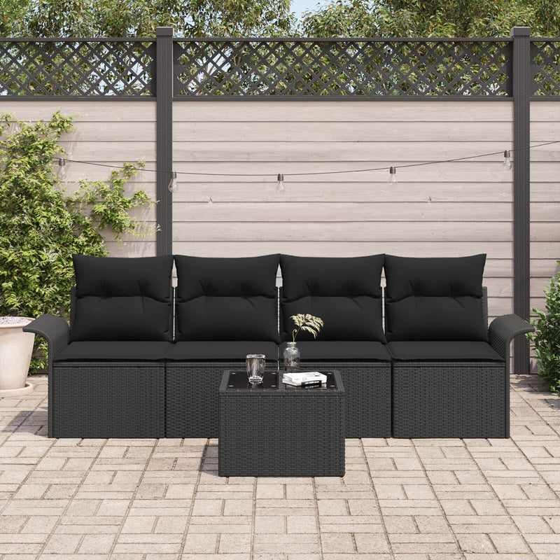 5 Piece Garden Sofa Set with Cushions Black Poly Rattan