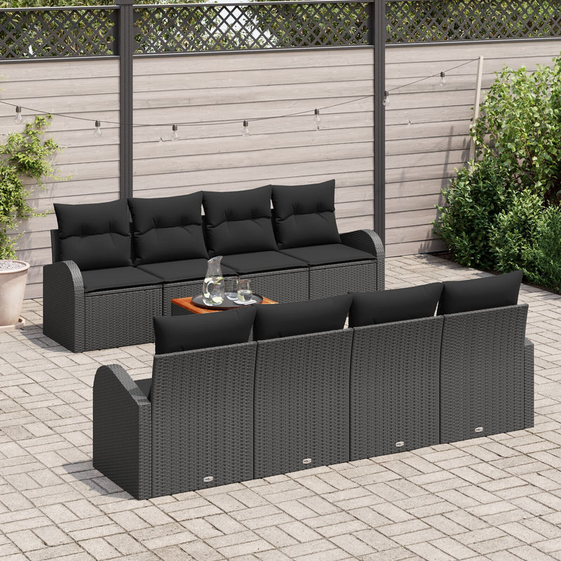 9 Piece Garden Sofa Set with Cushions Black Poly Rattan Acacia