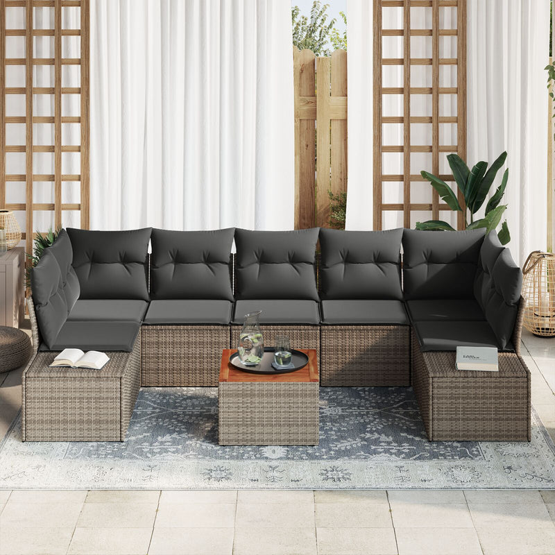 8 Piece Garden Sofa Set with Cushions Grey Poly Rattan Acacia