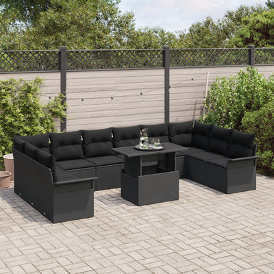 11 Piece Garden Sofa Set with Cushions Black Poly Rattan