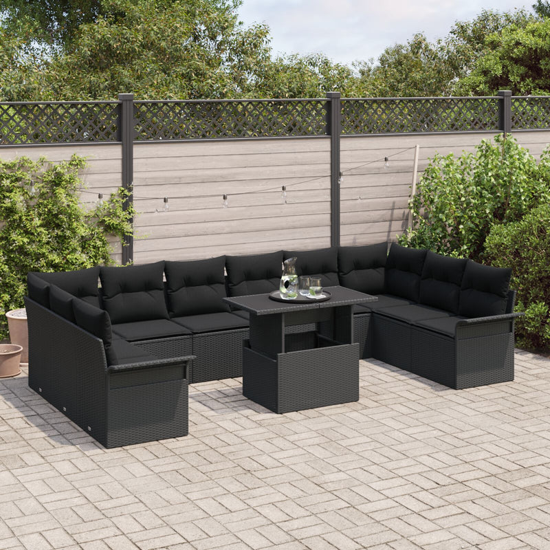 11 Piece Garden Sofa Set with Cushions Black Poly Rattan