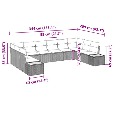 10 Piece Garden Sofa Set with Cushions Black Poly Rattan Acacia