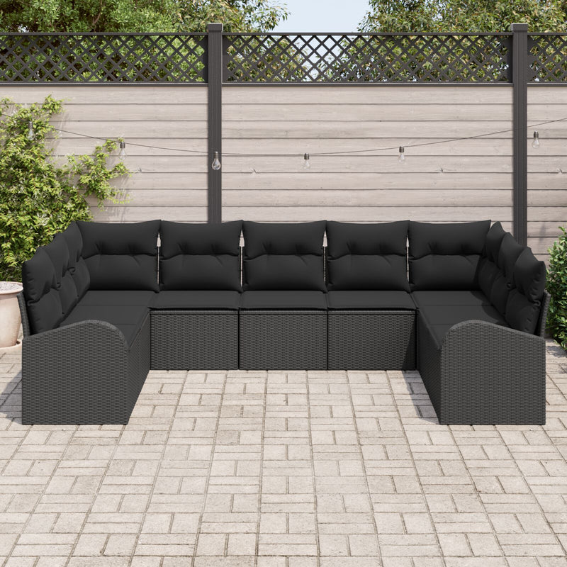 9 Piece Garden Sofa Set with Cushions Black Poly Rattan