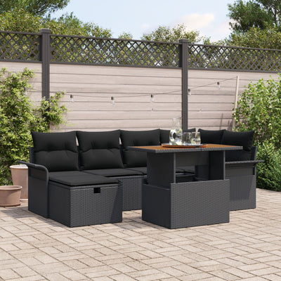 7 Piece Garden Sofa Set with Cushions Black Poly Rattan