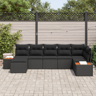 7 Piece Garden Sofa Set with Cushions Black Poly Rattan Acacia
